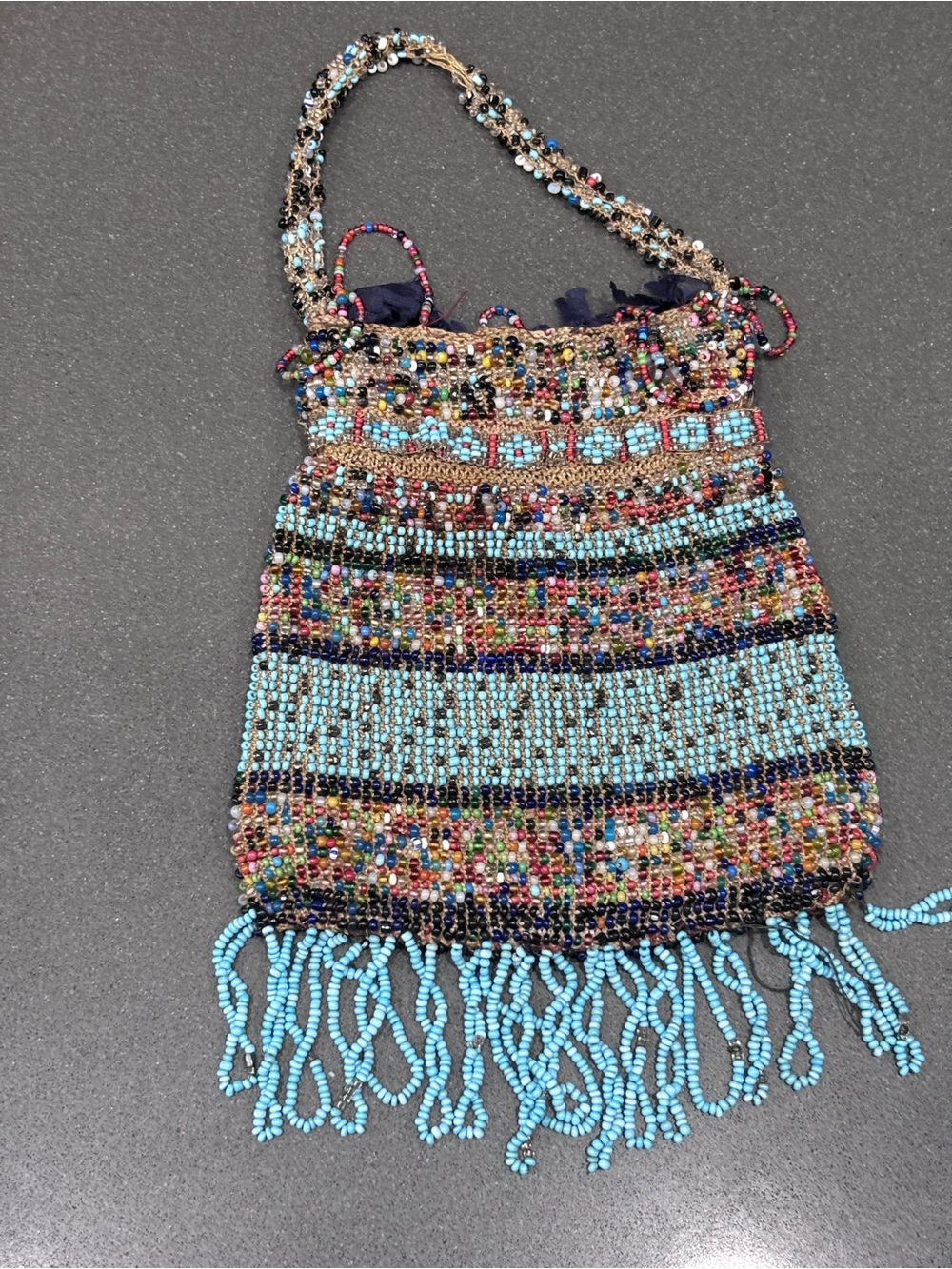 Hand-Beaded Multicolor Fringe Evening Bag with Turquoise Accents